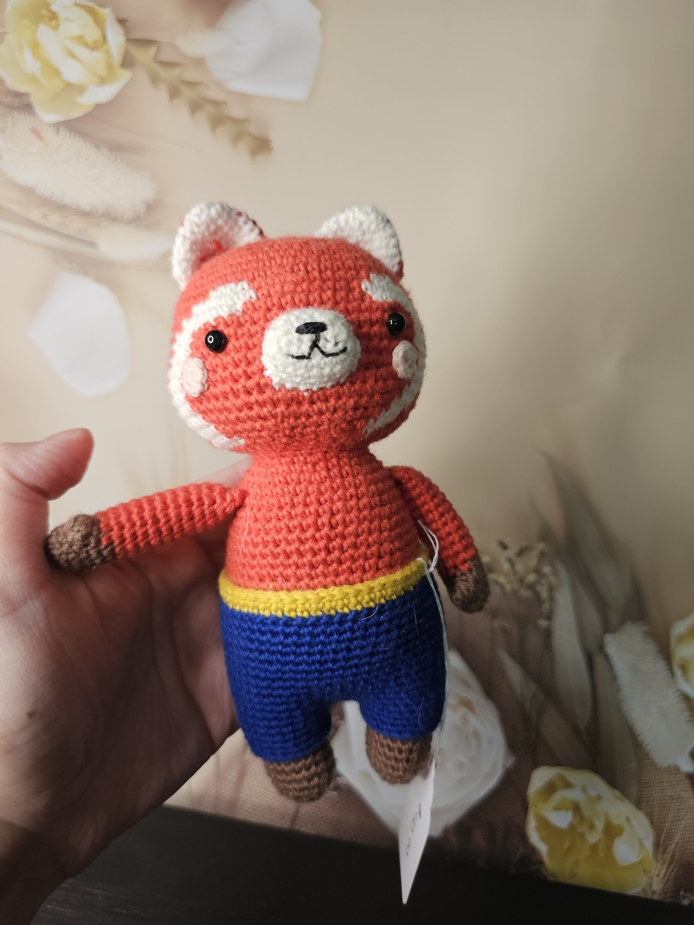 Handmade Red Panda Crochet Plush Toy with Blue Pants